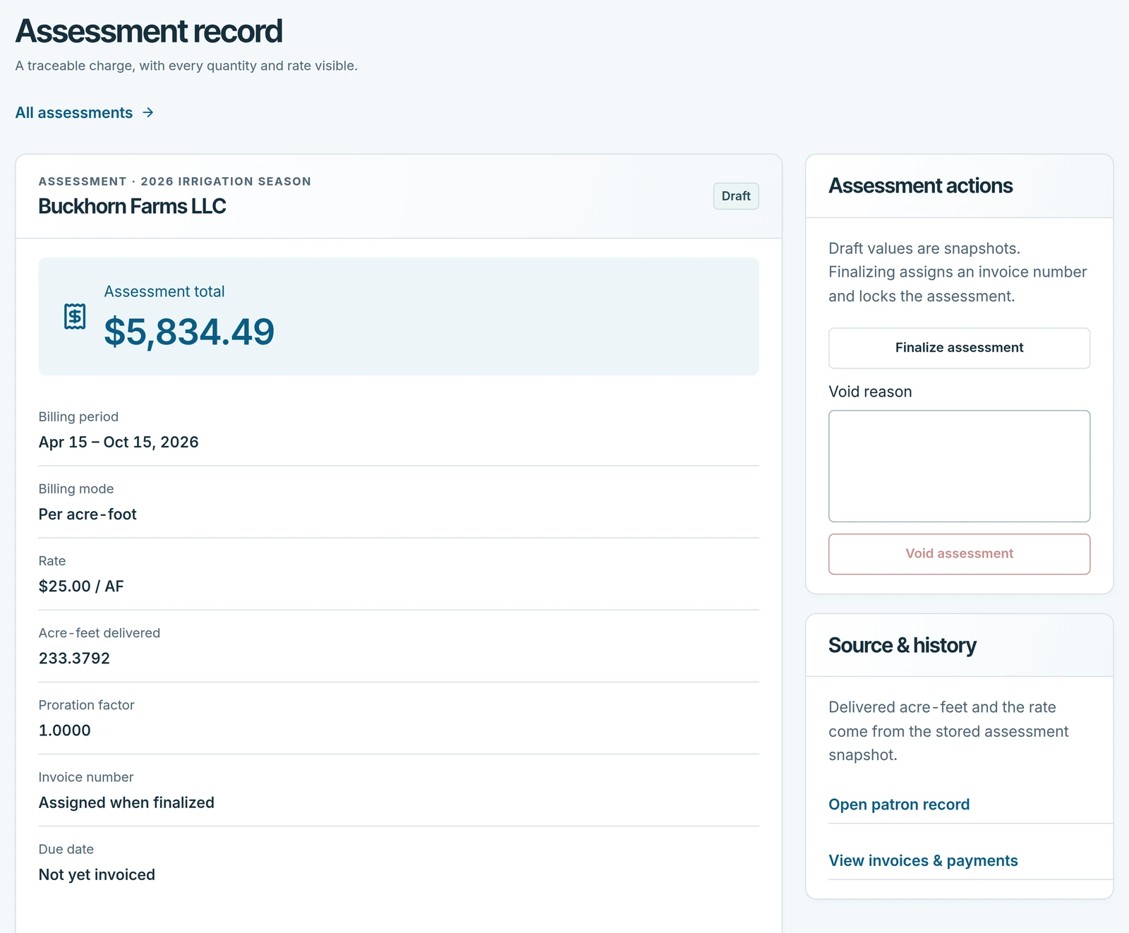 A draft assessment record: the assessment total, billing period, billing mode, a rate of $25.00 per acre-foot, the acre-feet delivered, the proration factor, and the actions and source panels.