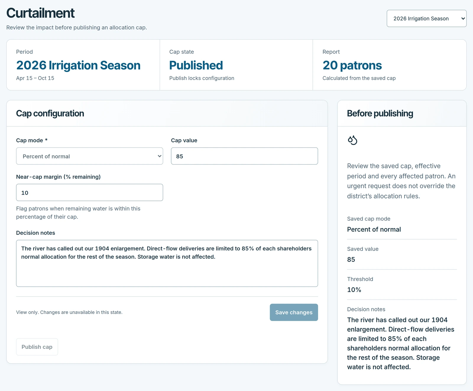 The Curtailment page for the 2026 irrigation season: the cap is Published, calculated for 20 patrons, with the cap configuration, the decision notes, and the Before publishing summary of the saved cap.