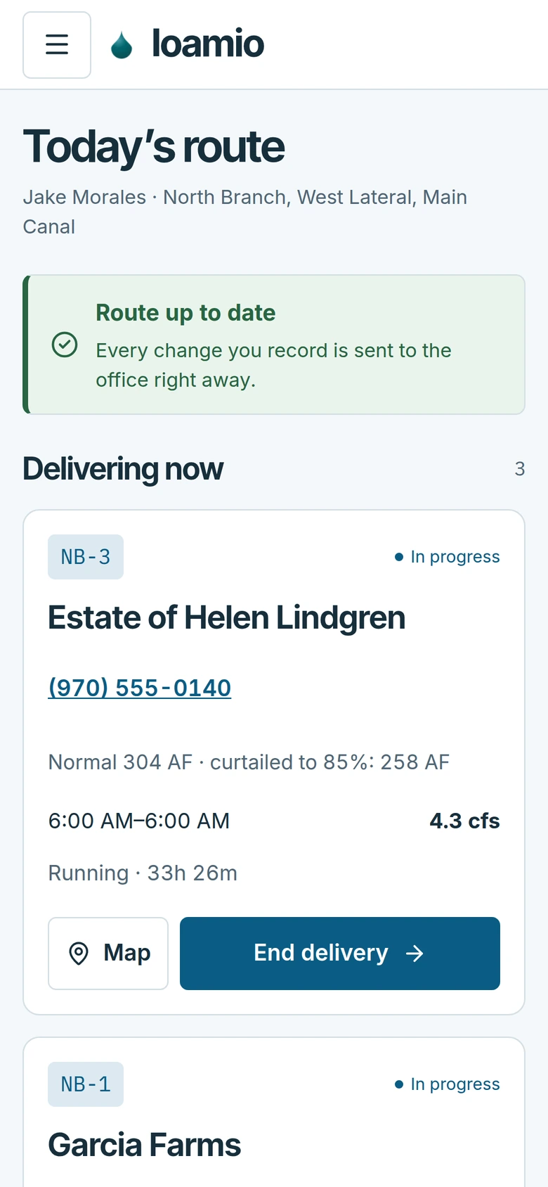 A ditch rider's Today's route on a phone: the route is up to date, and the first delivery card shows turnout NB-3, the patron, the curtailed allocation, the flow and an End delivery action.