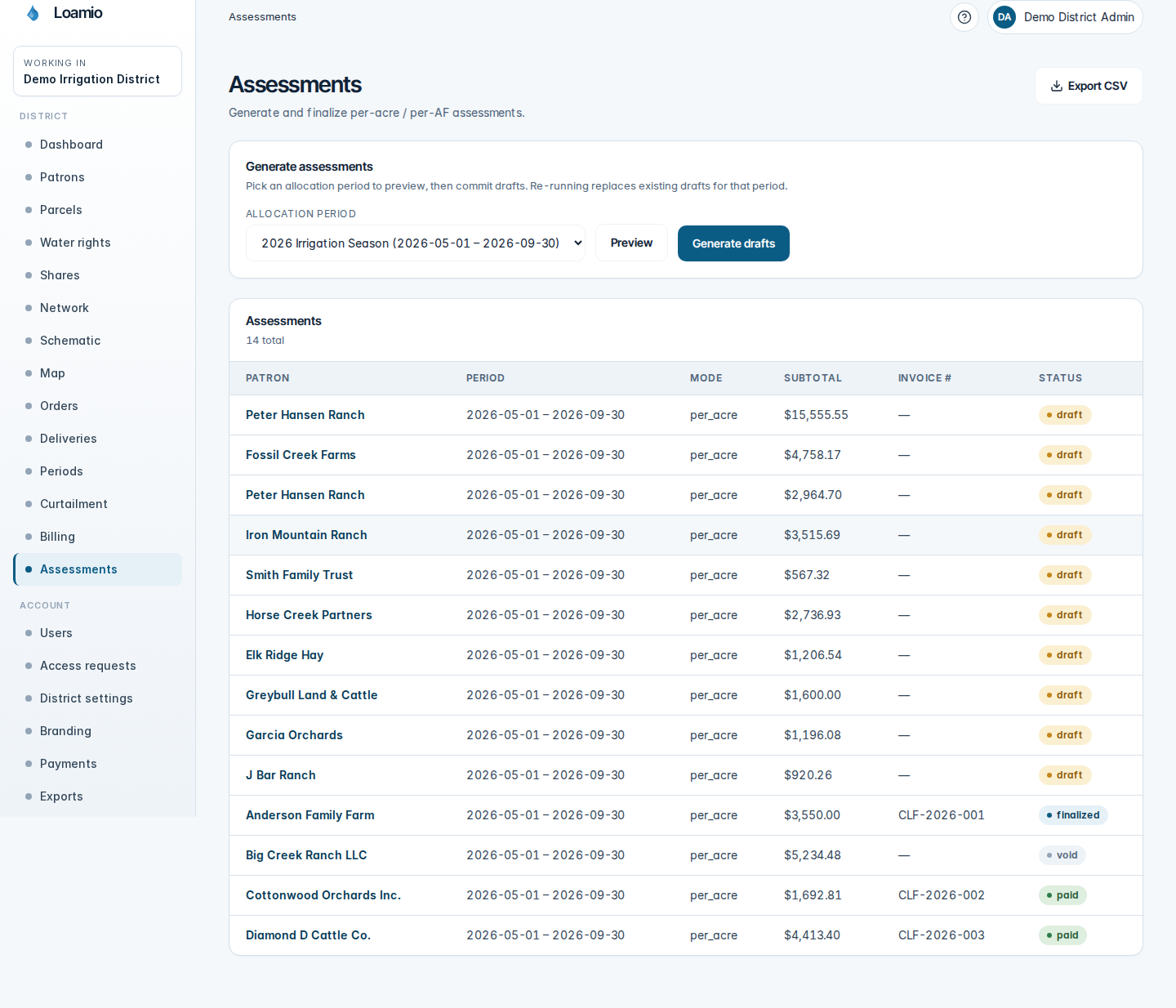The Loamio assessments screen showing billing lines and their status.