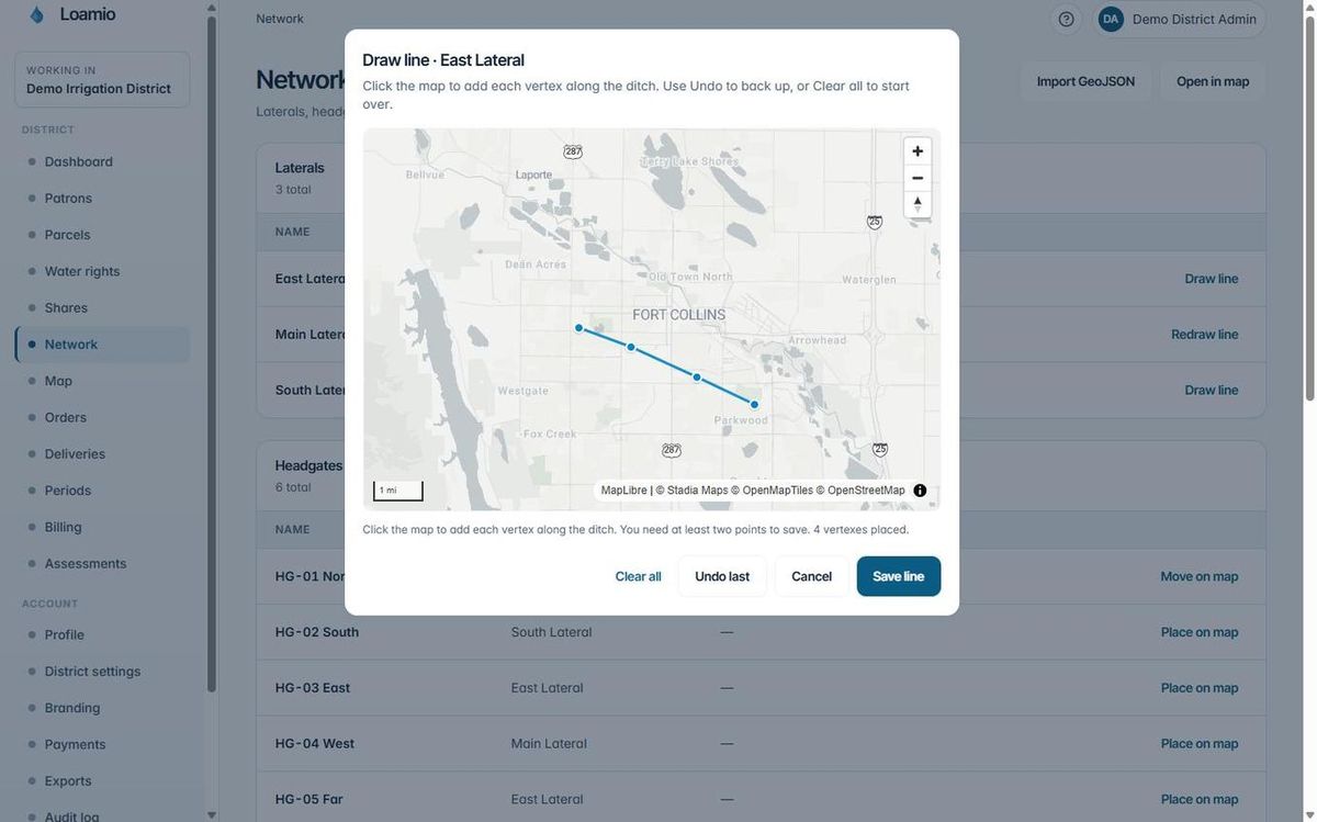 Loamio admin view showing a lateral being drawn on the map with the line-drawing tool active.