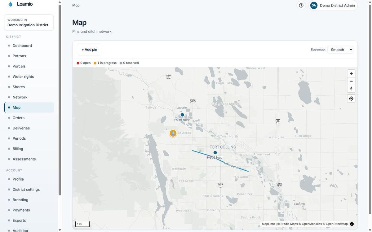 Loamio map showing laterals, headgates, and turnouts drawn on a completed district network.