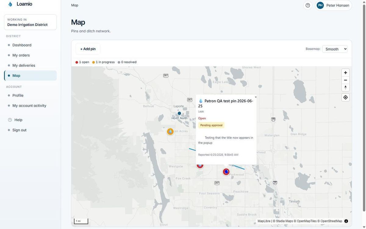Loamio patron view showing a pin popup with a title after tapping the map.