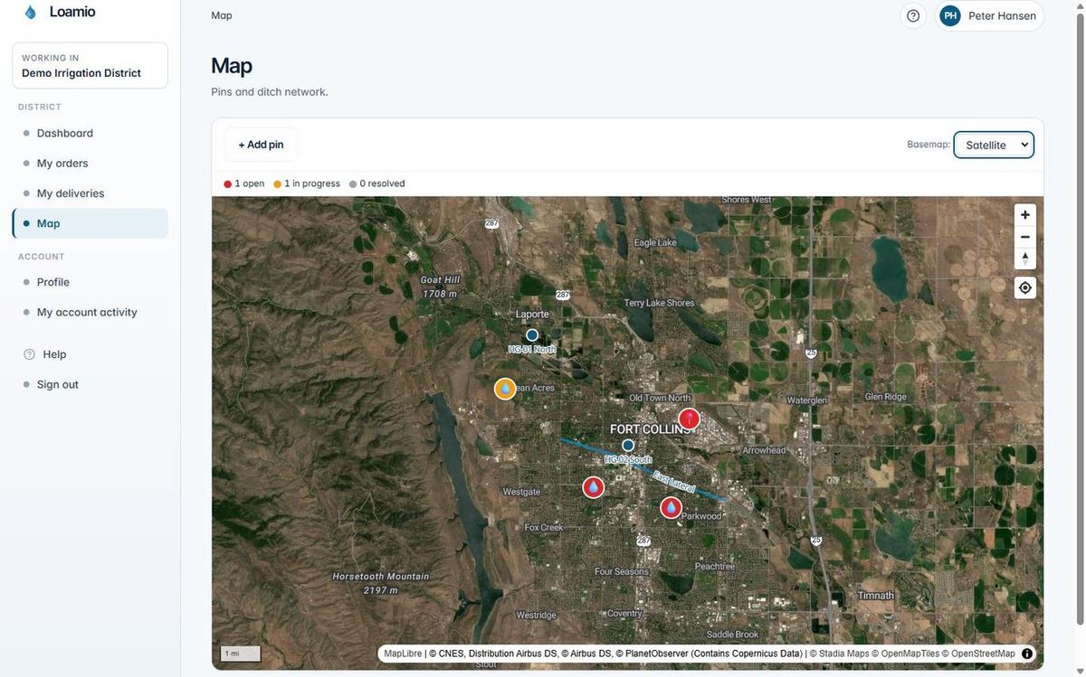 Loamio patron view with satellite basemap showing fields and a district network.